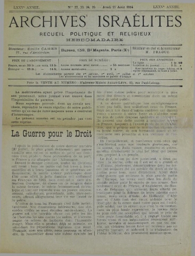 Archives israélites de France. Vol.75 N°32-33-34-35 (27 août 1914)
